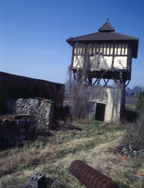 Vue générale d'un pigeonnier à pans de bois sur poteaux, avec base clôturée (Les Garmins, Luzillat).