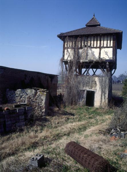 Vue générale d'un pigeonnier à pans de bois sur poteaux, avec base clôturée (Les Garmins, Luzillat).