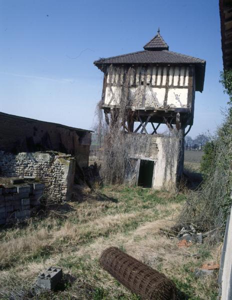 Vue générale d'un pigeonnier à pans de bois sur poteaux, avec base clôturée (Les Garmins, Luzillat).
