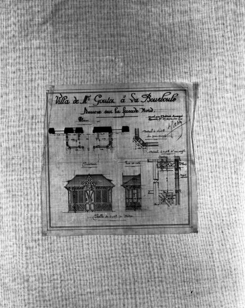 Villa de Mr Goutet à La Bourboule. Annexe sur la façade nord. Plan, élévation, vue de côté, détail du pan coupé, détail d'un angle.