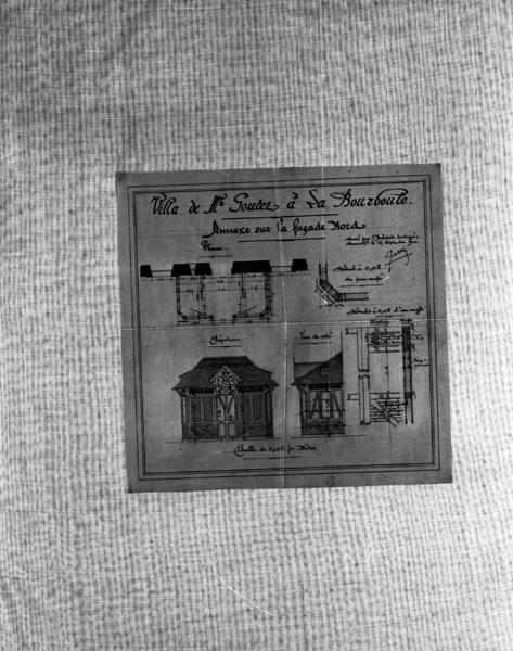 Villa de Mr Goutet à La Bourboule. Annexe sur la façade nord. Plan, élévation, vue de côté, détail du pan coupé, détail d'un angle. [2e proposition].