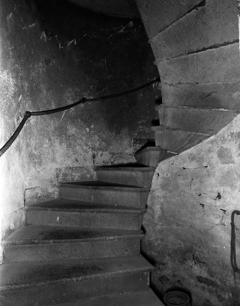 Vue partielle d'un escalier en vis suspendu, en andésite (Maringues, ville).