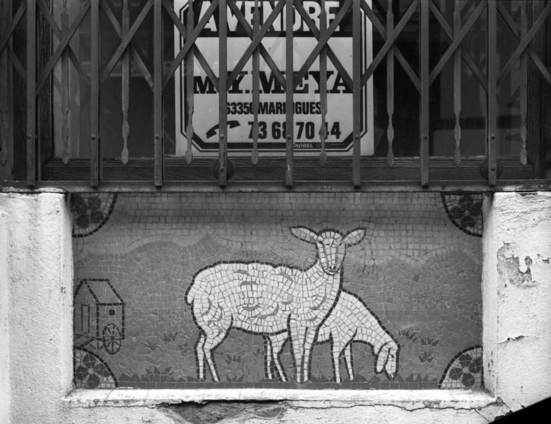 Détail du décor de la devanture de boutique, 50 Grand-Rue