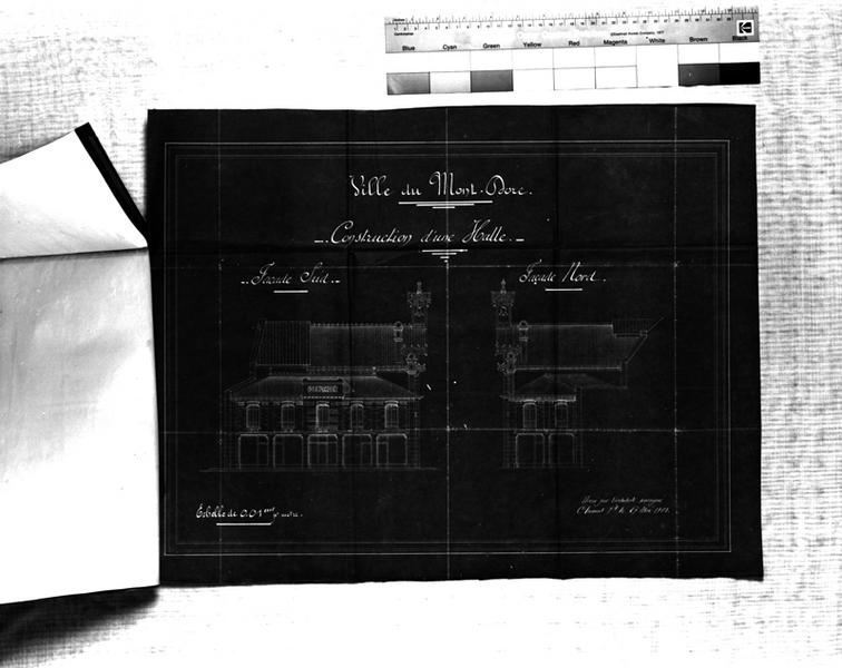 'Ville du Mont-Dore Construction de la halle Façade sud, façade nord Papier héliographique; par Louis Jarrier, 27 mai 1902'