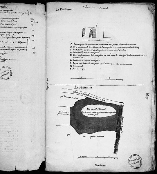 Arpentage général de la commanderie de Pont-Vieux, le Temple, Isdes et Courtilles. Dessin par Soustre, notaire royale et arpenteur juré à Mauriac, fait à la diligence du commandeur Dufour en 1741.