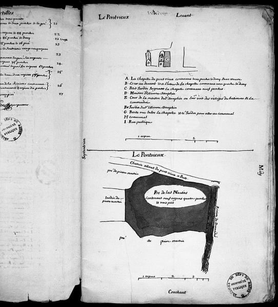 Arpentage général de la commanderie de Pont-Vieux, le Temple, Isdes et Courtilles. Dessin par Soustre, notaire royale et arpenteur juré à Mauriac, fait à la diligence du commandeur Dufour en 1741.