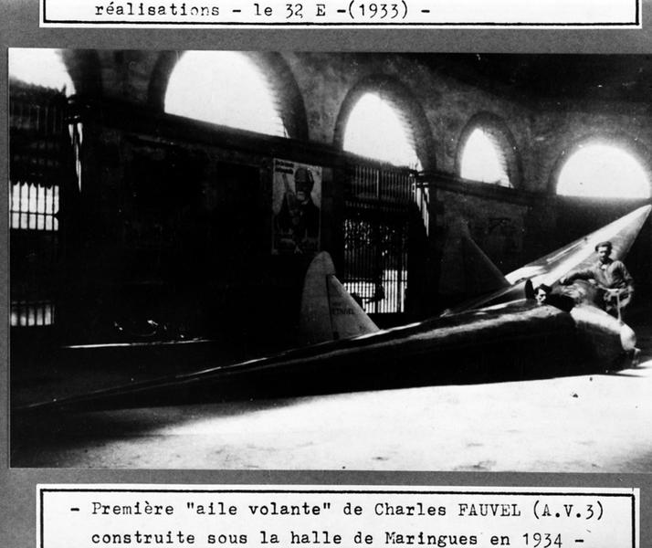 Première aile volante de Charles Fauvel construite sous la halle de Maringues par Antoine Bourdarot en 1934, photographie en noir et blanc, s.n., s.d.[1934 ?].