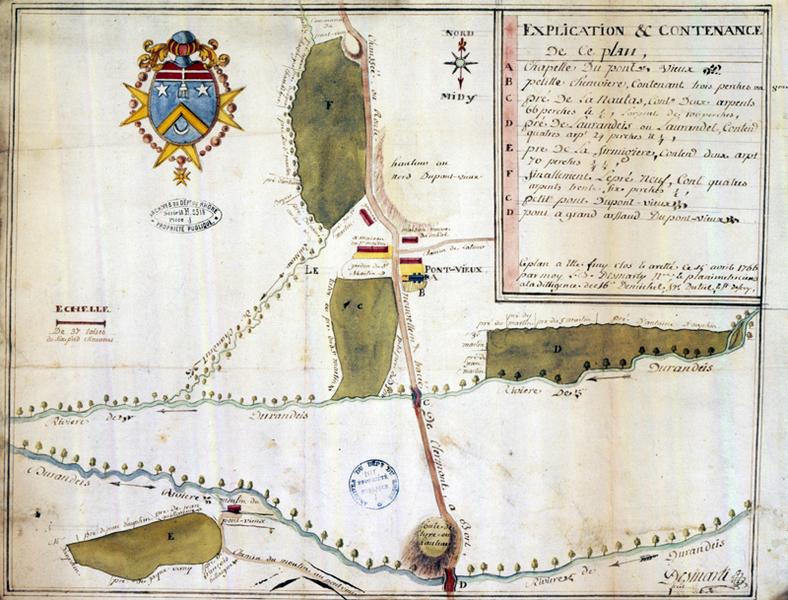 Plan des biens de la commanderie de Pont-Vieux. Plan dressé en 1766 par Louis-Bonnet Desmarty, notaire et féodiste de la ville d'Ussel, à la diligence de Demichel, seigneur du Teil.