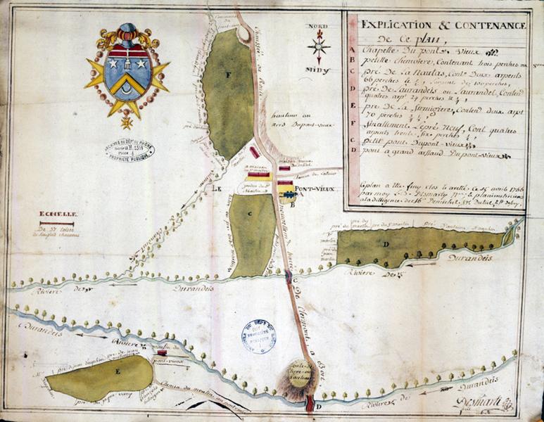 Plan des biens de la commanderie de Pont-Vieux. Plan dressé en 1766 par Louis-Bonnet Desmarty, notaire et féodiste de la ville d'Ussel, à la diligence de Demichel, seigneur du Teil.