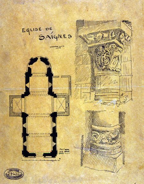 Plan, dessin d'une base de colonne et d'un chapiteau