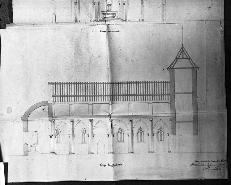 Projet de restauraion et d'agrandissement de l'église paroissiale de la commune de Champagnac, arrondissement de Mauriac (Cantal). Extrait : coupe longitudinale.