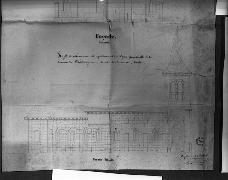 Projet de restauraion et d'agrandissement de l'église paroissiale de la commune de Champagnac, arrondissement de Mauriac, Cantal. Extrait : façade latérale.