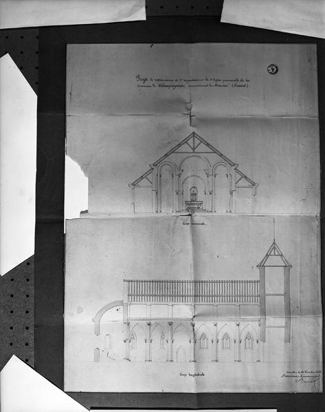 Projet de restauraion et d'agrandissement de l'église paroissiale de la commune de Champagnac, arrondissement de Mauriac (Cantal). Coupe transversale, coupe longitudinale.