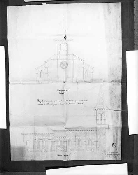 Projet de restauraion et d'agrandissement de l'église paroissiale de la commune de Champagnac, arrondissement de Mauriac, Cantal. Façade principale, façade latérale.