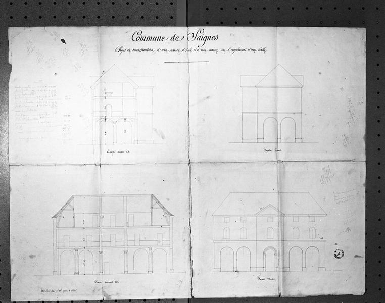 Projet de construction d'une maison d'école et d'une mairie sur l'emplacement d'une halle. Coupes, façades.