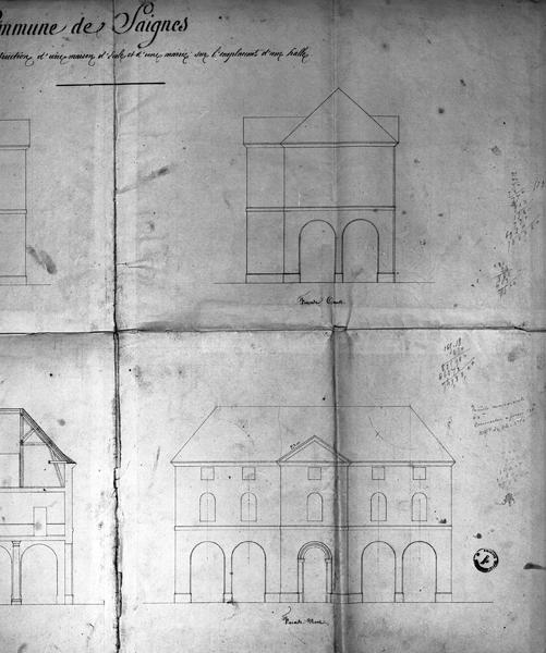 Projet de construction d'une maison d'école et d'une mairie sur l'emplacement d'une halle.[Détail : façades]