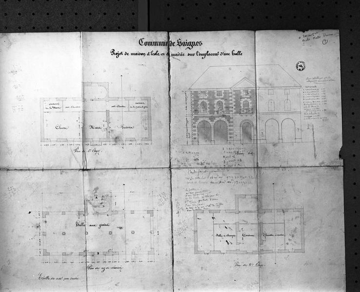 Projet de construction d'une maison d'école et d'une mairie sur l'emplacement d'une halle.Plans, élévations.