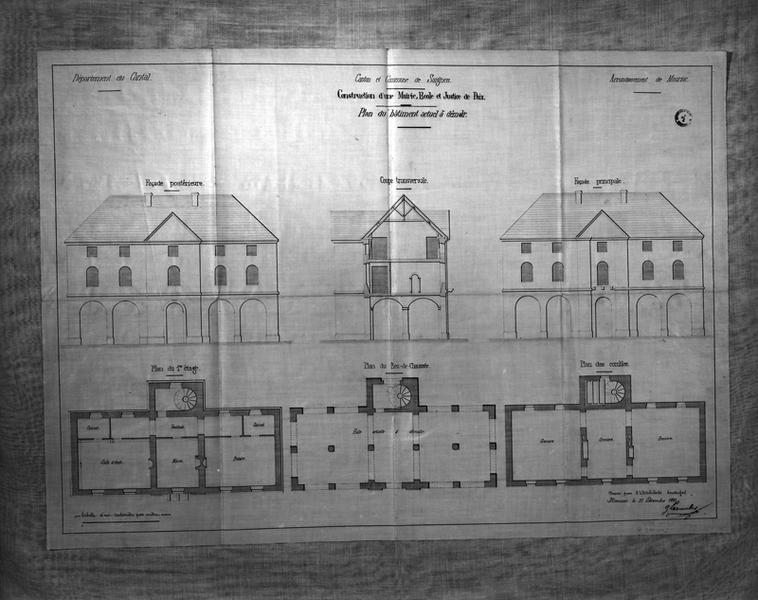 Construction d'une Mairie,Ecole et Justice de Paix. Plan du bâtiment actuel à démolir.Plans, coupes, façades.