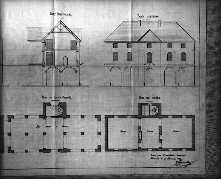 Construction d'une Mairie,Ecole et Justice de Paix. Plan du bâtiment actuel à démolir.[détail : plans, coupes, façade]