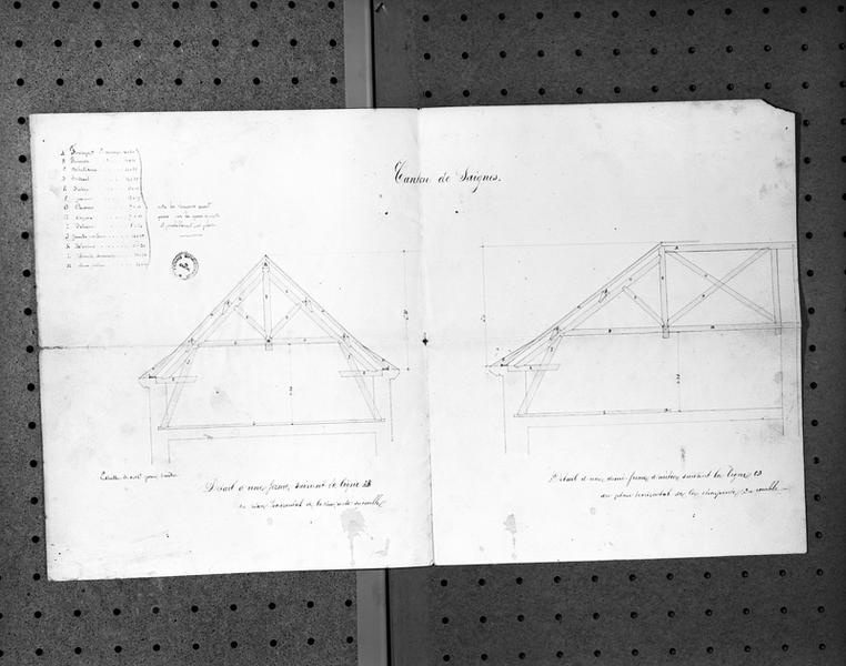 Projet de construction d'une maison d'école et d'une mairie sur l'emplacement d'une halle.Détail d'une ferme..., détail d'une ferme d'arètier...