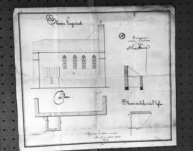 Reconstruction de la sacristie de Madic-Elévation longitudinale-Plan-Elévation sur la façade de l'église.