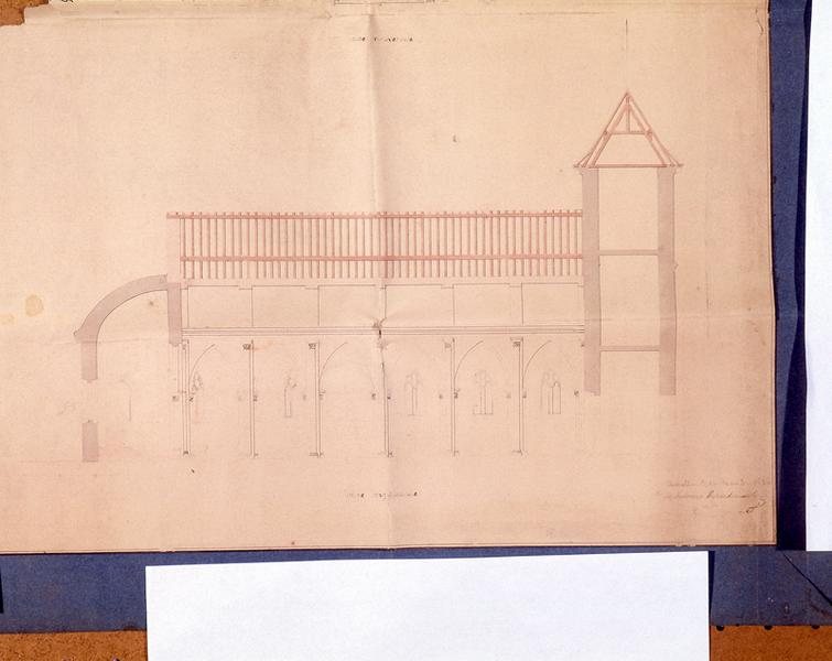 Projet de restauraion et d'agrandissement de l'église paroissiale de la commune de Champagnac, arrondissement de Mauriac (Cantal). Extrait : coupe longitudinale.