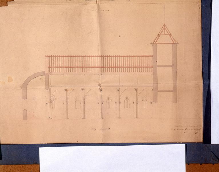 Projet de restauraion et d'agrandissement de l'église paroissiale de la commune de Champagnac, arrondissement de Mauriac (Cantal). Extrait : coupe longitudinale.