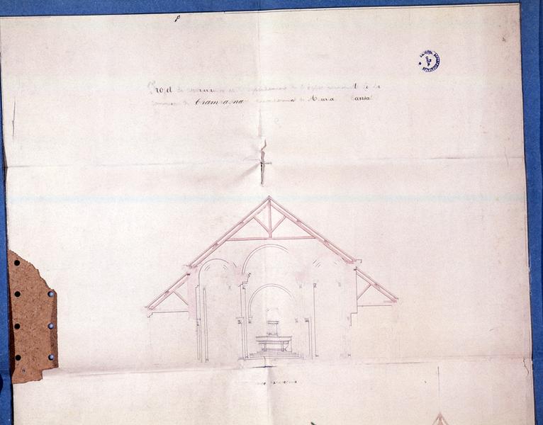 Projet de restauraion et d'agrandissement de l'église paroissiale de la commune de Champagnac, arrondissement de Mauriac (Cantal). Extrait : coupe transversale.