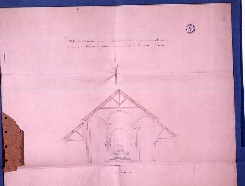 Projet de restauraion et d'agrandissement de l'église paroissiale de la commune de Champagnac, arrondissement de Mauriac (Cantal). Extrait : coupe transversale.