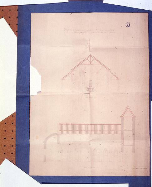 Projet de restauraion et d'agrandissement de l'église paroissiale de la commune de Champagnac, arrondissement de Mauriac (Cantal). Coupe transversale, coupe longitudinale.