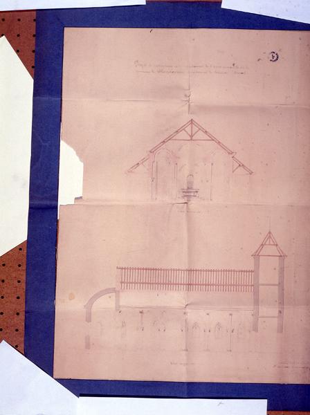 Projet de restauraion et d'agrandissement de l'église paroissiale de la commune de Champagnac, arrondissement de Mauriac (Cantal). Coupe transversale, coupe longitudinale.