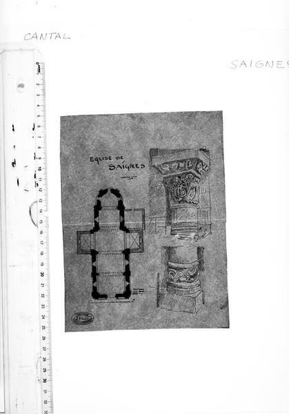 Plan, dessin d'une base de colonne et d'un chapiteau