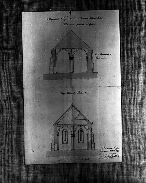 Département du Puy-de-Dôme. Commune d'Heume-l'Eglise. Reconstruction partielle de l'église. Coupe transversale - Etat ancien. Coupe transversale - Restauration, dessin à la plume et au lavis sur papier, par Emile Mallay, 25 mars 1859.