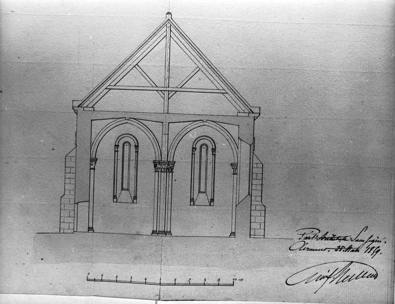 Département du Puy-de-Dôme. Commune d'Heume-l'Eglise. Reconstruction partielle de l'église. Coupe transversale - Restauration [partie basse de la planche]., dessin à la plume et au lavis sur papier, par Emile Mallay, 25 mars 1859.