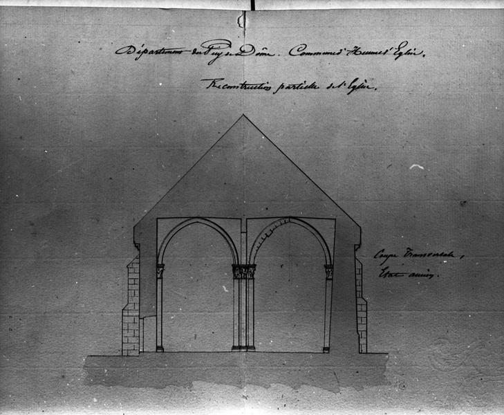 Département du Puy-de-Dôme. Commune d'Heume-l'Eglise. Reconstruction partielle de l'église. Coupe transversale - Etat ancien [partie haute de la planche]., dessin à la plume et au lavis sur papier, par Emile Mallay, 25 mars 1859.