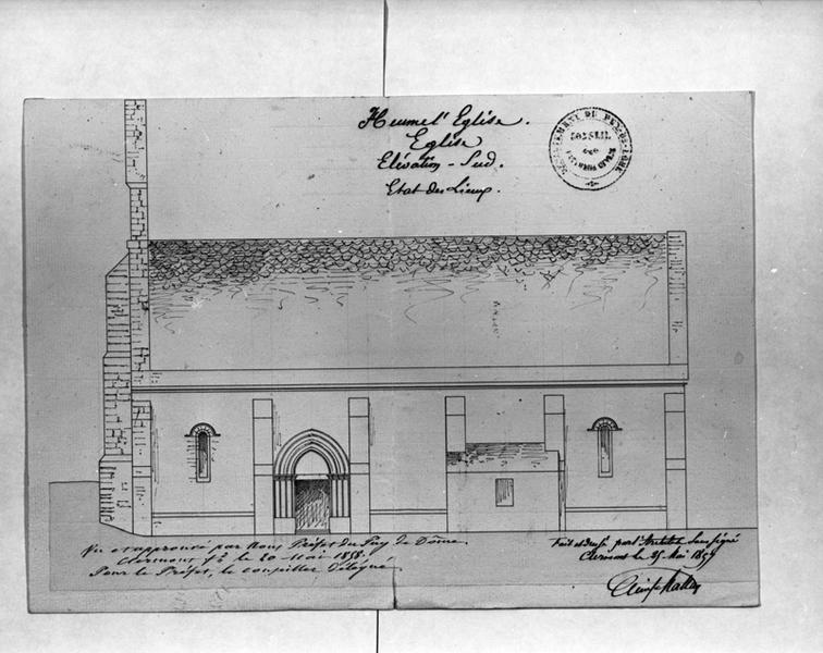 Heume-l'Eglise. Eglise. Elévation sud. Etat des lieux., dessin à la plume et au lavis sur papier, par Emile Mallay, 25 mai 1857.