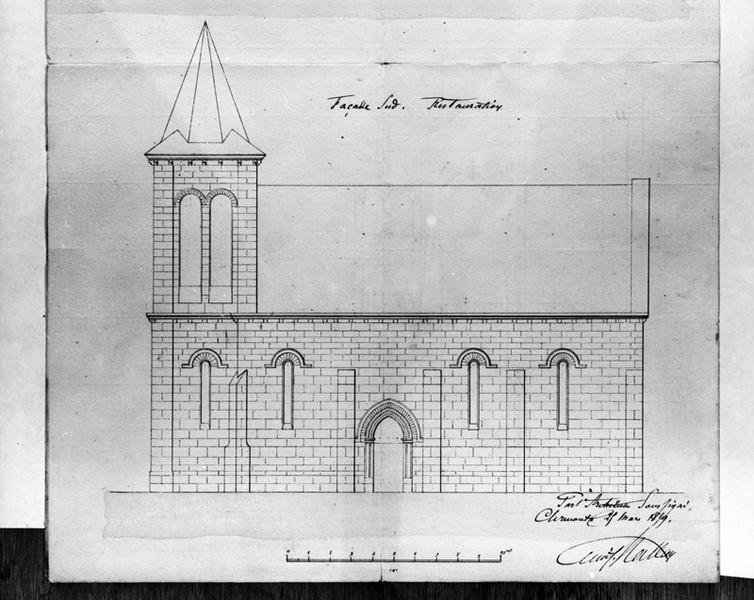 Département du Puy-de-Dôme. Commune d'Heume-l'Eglise. Reconstruction partielle de l'église. Façade sud. Restauration [partie basse de la planche], dessin à la plume et au lavis sur papier, par Emile Mallay, 25 mars 1859.