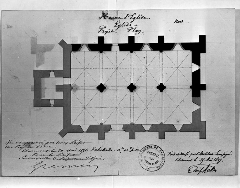 Heume-l'Eglise. Eglise. Projet. Plan., dessin à la plume et au lavis sur papier, par Emile Mallay, 25 mai 1857.