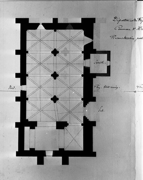 Reconstruction partielle de l'église. Plan. Etat ancien. [Partie gauche de la planche]. Dessin à la plume et au lavis sur papier, par Emile Mallay, 25 mars 1859.