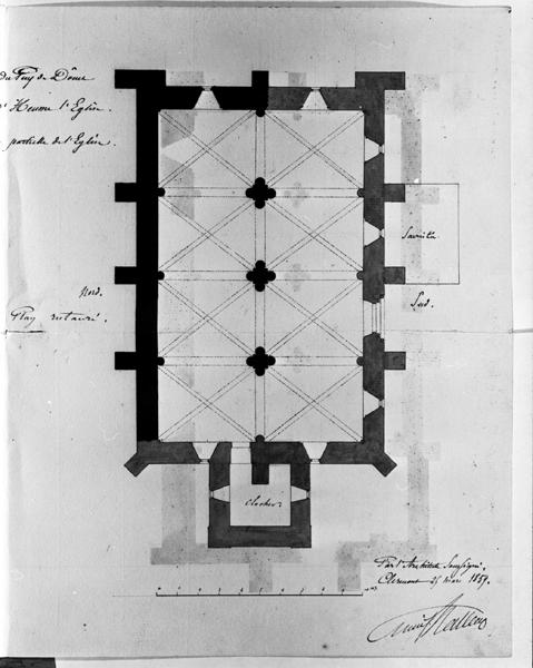 Reconstruction partielle de l'église. Plan restauré. [Partie droite de la planche]. Dessin à la plume et au lavis sur papier, par Emile Mallay, 25 mars 1859.