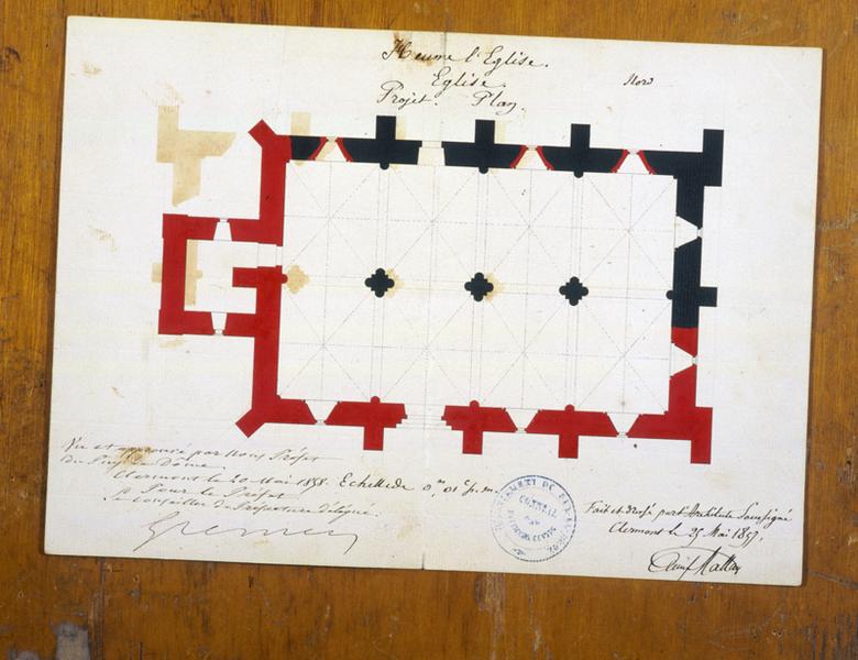 Heume-l'Eglise. Eglise. Projet. Plan., dessin à la plume et au lavis sur papier, par Emile Mallay, 25 mai 1857.