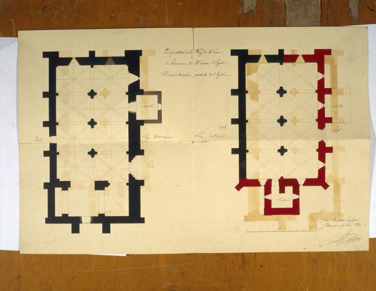 Département du Puy-de-Dôme. Commune d'Heume-l'Eglise. Reconstruction partielle de l'église. Plan. Etat ancien. Plan restauré., dessin à la plume et au lavis sur papier, par Emile Mallay, 25 mars 1859.