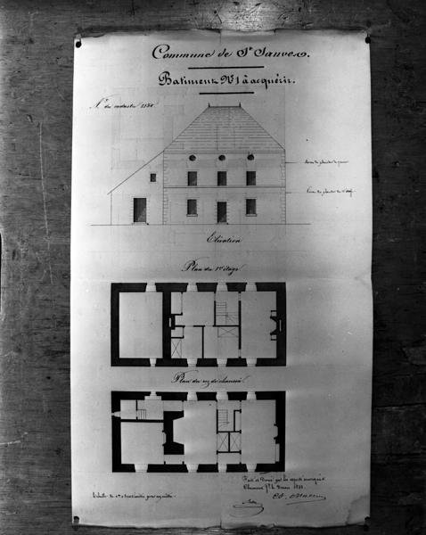 Commune de Saint-Sauves, plan et façade du bâtiment à acquérir, signé Mallay et Bellon, daté du 3 mars 1855, échelle 0,01cm/m.