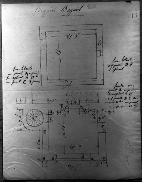 Croquis au crayon du plan des étages du clocher de l'église, non signé, daté : 1833.