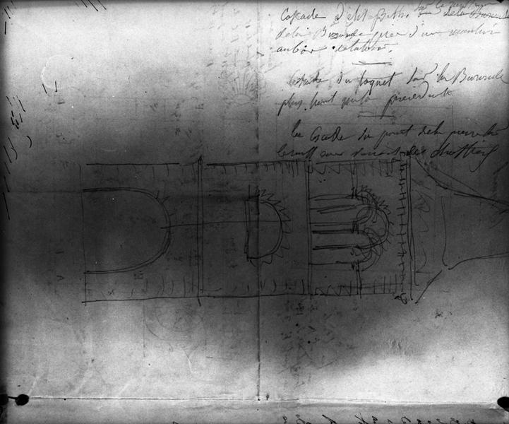 Croquis au crayon de la façade du clocher de l'église, non signé, daté : 1833.