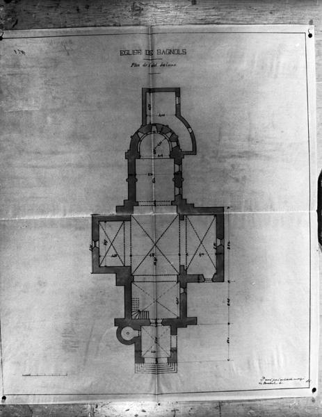 Eglise de Bagnols, plan de l'état des lieux, sans échelle, non signé, daté : 1897.