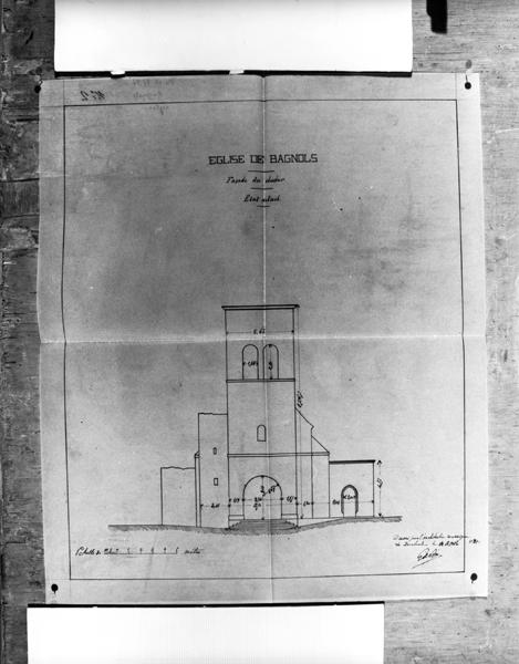 Eglise de Bagnols, façade du clocher, état actuel, échelle : 1 cm pour 5 m. Signé et daté, Gardin, 14 avril 1897.