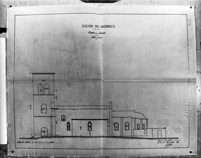 Eglise de Bagnols, façade latérale, état actuel, échelle : 1 cm pour 5 m. Non daté, non signé.