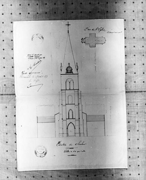 Elévation du clocher. Plan de l'église. [Pour le projet d'établissement de la flèche].