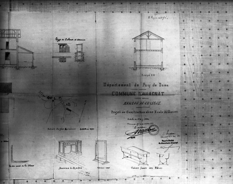 Département du Puy-de-Dôme. Commune d'Allagnat, hameau de Ceyssat [actuellement, commune de Ceyssat]. Projet de construction d'une école de garçons. Plans, coupe, élévation, détails de mobilier. [Détail de la partie droite du plan].